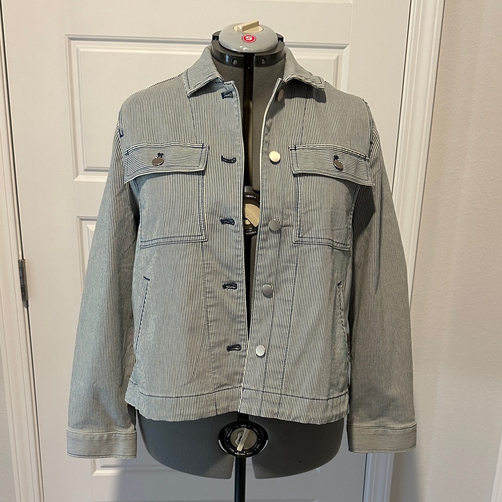 Chico's Navy and White Striped Jean Jacket